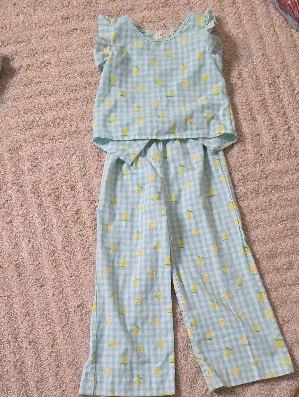 Girls Light Blue Gingham Lemon matching Set - Sleeveless Top & Pants
